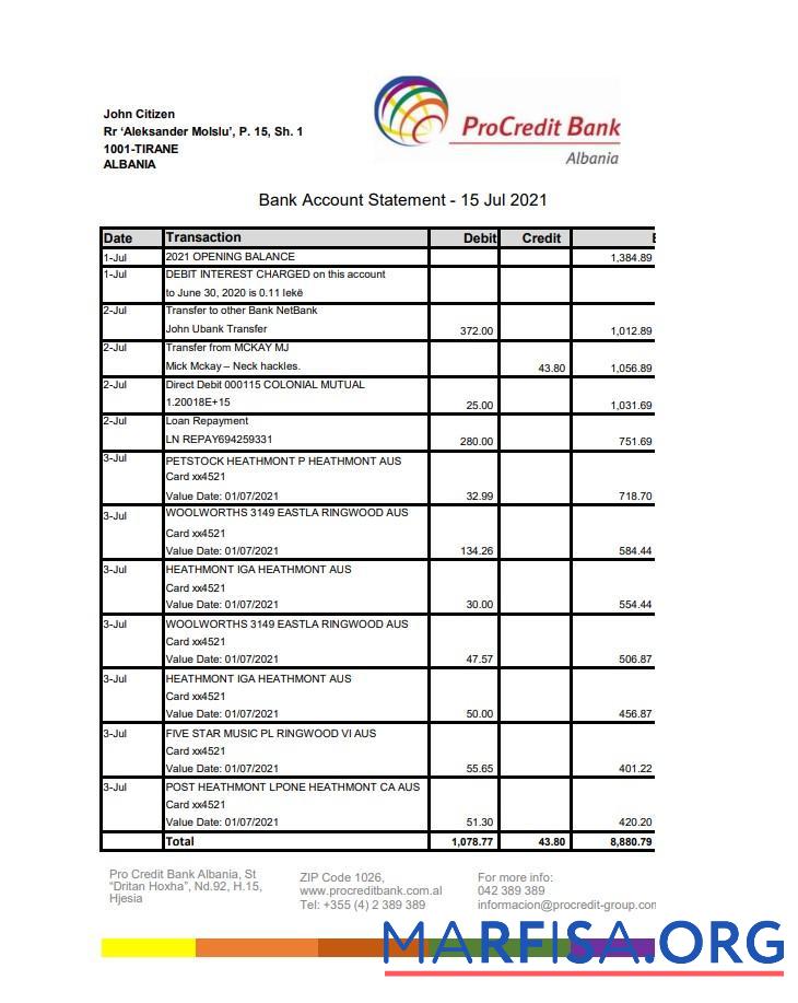 Printable Albania ProCredit bank statement download for verification